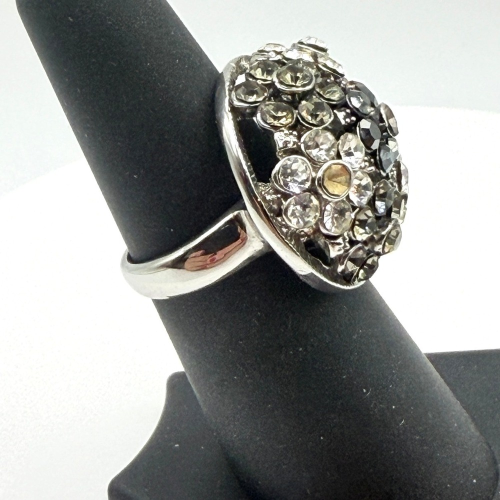 Silver‎ Tone Dome Cocktail Ring Black Gray Clear Stones Size 5.75